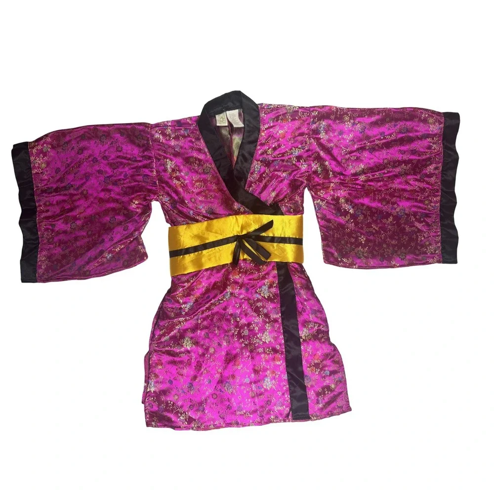 Pink Floral Kimono Robe Girls Small 3-4 Years Satin Costume Dress Up Yellow Sash